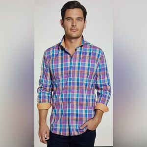 BUGATCHI Shaped Fit 100% Cotton Button Up Shirt Purple Orange Blue Large
